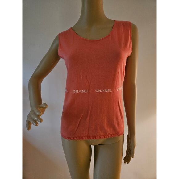 Cute Chanel Coral pink Logo Printed Sleeveless Top M sz - Picture 4 of 13